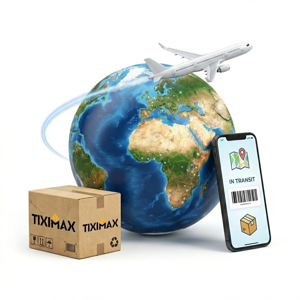 TIXIMAX global logistics: globe, airplane, package, smartphone